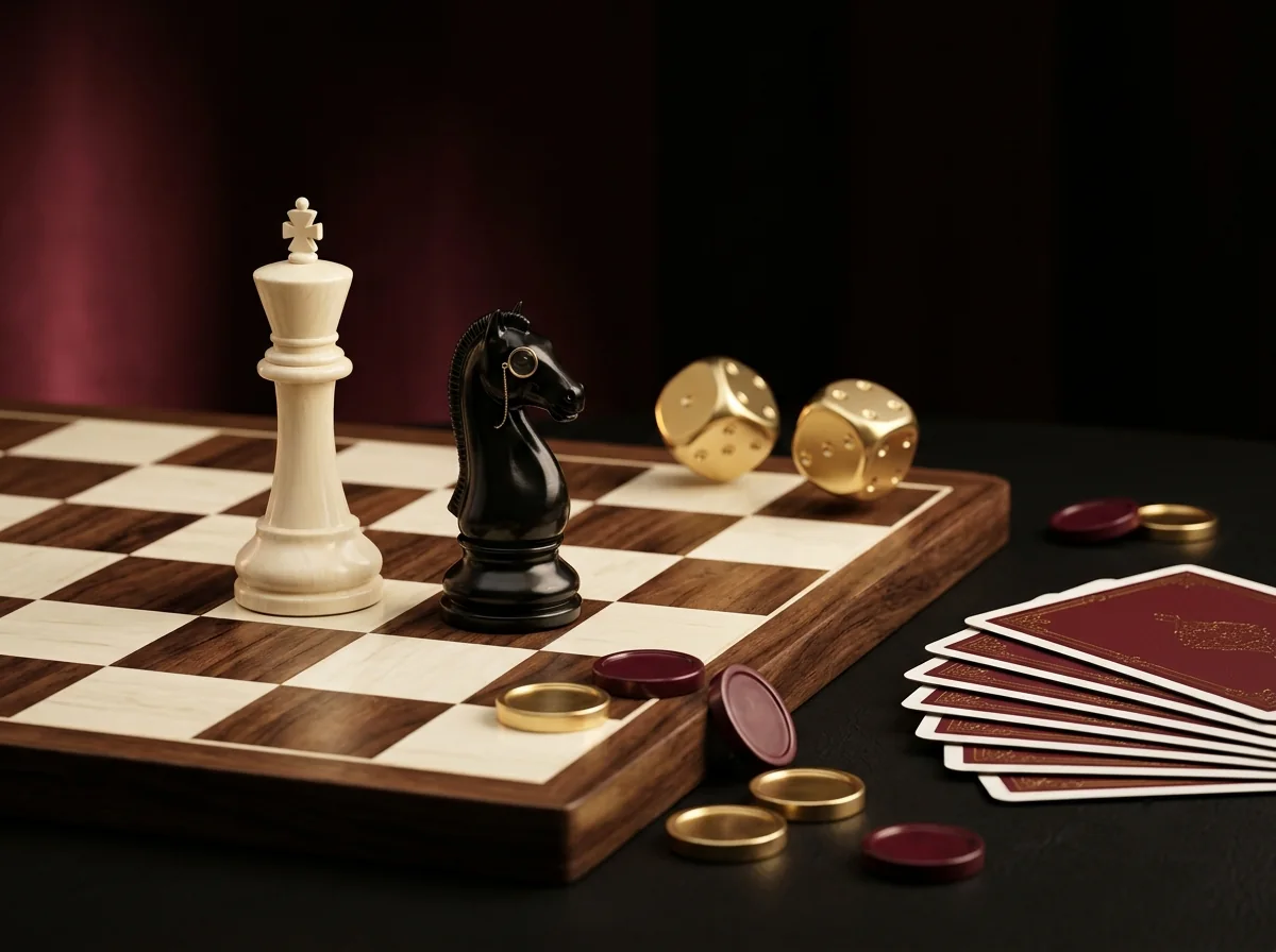 A chess king and a knight wearing a gold monocle on a walnut board, with gold dice, game discs and a fan of cards